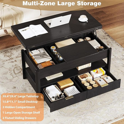 HUAHUU 40" Lift Top Coffee Table with Storage, 4 in 1 Square Coffee Table with Hidden Compartment & Open Shelf & 2 Drawers, Modern Coffee Tables with Lifting Top for Living Room, Home, Office, Black