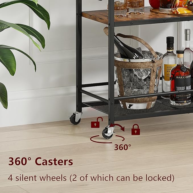 3 Tier Bar Cart, Small Beverage Cart, Mini Bar Cart with Wine Rack, Home Bar Serving Cart with Wheels for Kitchen Dining Living Room (Rustic Brown, General)