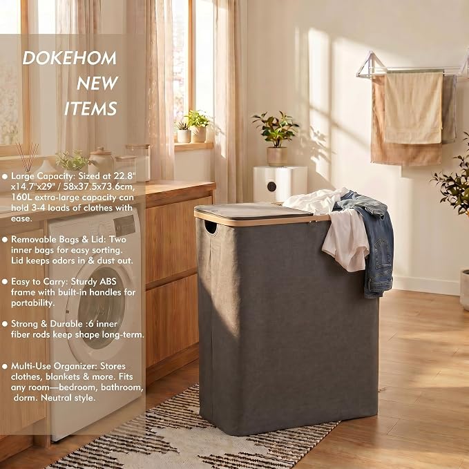 DOKEHOM 160L Extra Large Laundry Hamper with Lid, 2-Section Double Laundry Basket with Removable Mesh Liner Bags, Collapsible Clothes Sorter for Family, Bedroom, Laundry Room, Dark Grey