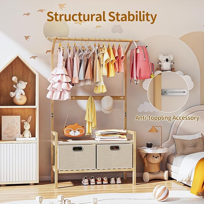 Luxspire Kids Clothing Rack, Bamboo Kids Dress up Rack with 1 Hanging Rod, 5 Hanging Hooks & 2 Fabric Drawers, Toddler Dress up Storage for Bedroom, Playroom, Nursery, Laundry, Burlywood