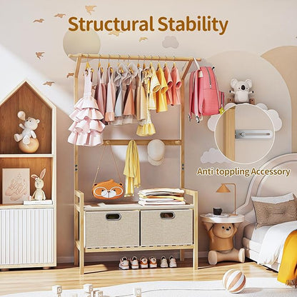 Luxspire Kids Clothing Rack, Bamboo Kids Dress up Rack with 1 Hanging Rod, 5 Hanging Hooks & 2 Fabric Drawers, Toddler Dress up Storage for Bedroom, Playroom, Nursery, Laundry, Burlywood