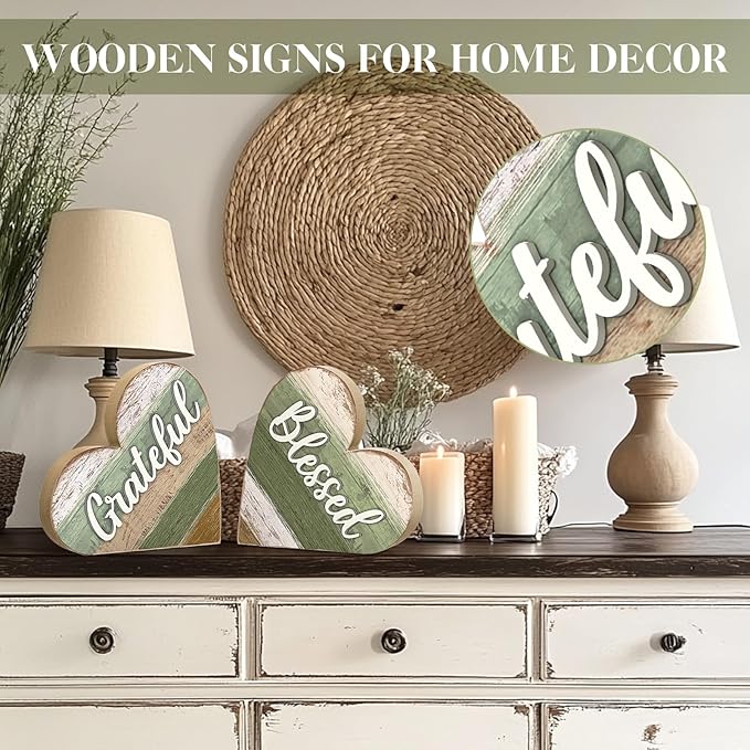 Jetec 2 Pcs Rustic Table Decorations for Living Room Home Decor Farmhouse Valentines Day Centerpiece Small Love Wooden Heart Decor for Dining Room Shelf Valentines Gift Decoration(Blessed Style)