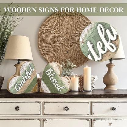 Jetec 2 Pcs Rustic Table Decorations for Living Room Home Decor Farmhouse Valentines Day Centerpiece Small Love Wooden Heart Decor for Dining Room Shelf Valentines Gift Decoration(Blessed Style)