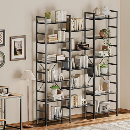 SUPERJARE Triple Bookshelf, Bookcase with 11 Open Display Shelves, Wide Book Shelf Book Case for Home & Office, 6 Tier, Black