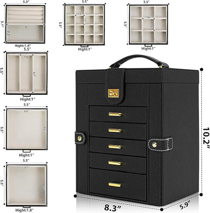 AKOZLIN Jewelry Box Organizer Functional Leather Jewelry Storage Case for Women Girls Ring Necklace Earring Bracelet Holder Organizer with Mirror Black