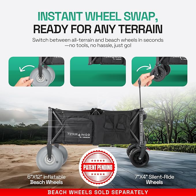TerrainGO Foldable Utility Wagon Cart with Interchangeable All Terrain Wheels Patent Pending Collapsible Beach Wagon - Camping Essentials with Cooler Pouch, Storage Pockets, and Cup Holders