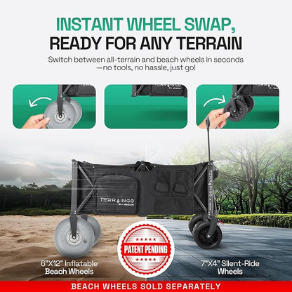 TerrainGO Foldable Utility Wagon Cart with Interchangeable All Terrain Wheels Patent Pending Collapsible Beach Wagon - Camping Essentials with Cooler Pouch, Storage Pockets, and Cup Holders