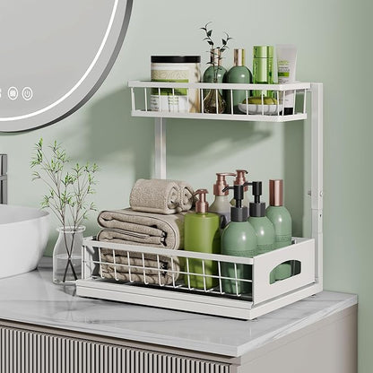 Under Sink Organizer, Cabinet Organizer for Kitchen, Height Adjustable Pull Out Heavy Duty 2 Tier Metal Under Sink Storage for Bathroom Pantry (White, 1 Pack)