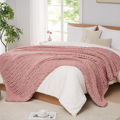 L'AGRATY Chunky Knit Blanket Throw - Soft Chunky Throw Blanket 50x60: 100% Hand Kintted Chenile Crochet Throw Blanket for Couch - Large Cable Knit Chunky Blanket for Home Decor(Rose Pink)