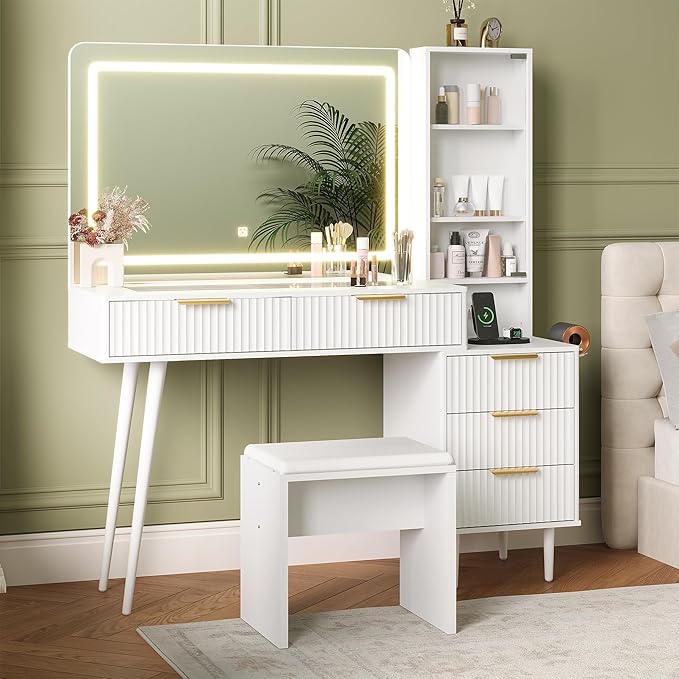 Vanity Desk with Mirror and Lights, 48" Makeup Vanity Table with 4 Drawers, 3-Shelves, Charging Station, Glass Top, 3 Color Modes & Adjustable Brightness, Modern Dressing Table Set for Bedroom - White