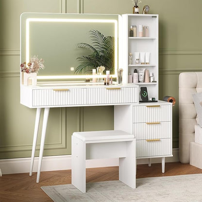 48" Makeup Vanity Desk with Mirror ＆ Lights, 4 Drawers & 3-Shelves Vanity Desk Set, 3 Color Lighting Modes ＆ Adjustable Brightness, Dressing Table Set w/Charging Station for Bedroom - White