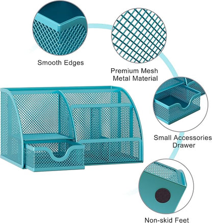 EasyPAG Mesh Desk Organizer with Drawer Multi-functional Pen Holder Stationery Organizer for Office School Supplies 6 Compartments Dorm Organizers and Storage for Desk, Blue