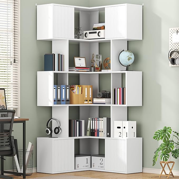 Semoic 71 inch Corner Bookshelf, 5 Tier Storage Bookcase, L-Shaped Cube Bookshelf, Wood Modern Book Shelf Organizer for Living Room/Home Office/Bedroom Display Unit, White