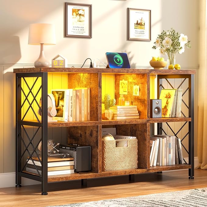 6 Cube Storage Organizer with LED Light and Charging Station, Wood and Metal Cube Shelf, Long Horizontal Book Shelf for Bedroom, Home Office,Rustic Brown