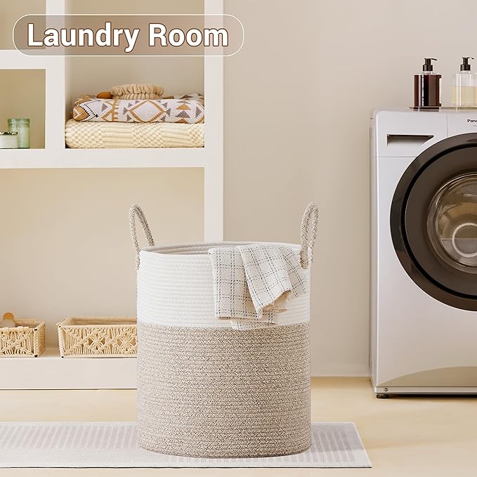 SunNewt Tall Laundry Basket with Handles, 88L Portable Dirty Clothes Hamper, Boho Cotton Rope Storage Bin for Blankets Kids Toys Gifts, Large Organizer for Baby Nursery Bedroom Bathroom, New Brown