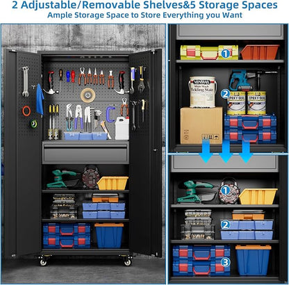 Garage Storage Cabinet with Wheels and Doors,Lockable Metal Storage Cabinet with Drawer Pegboard and Hooks for Garage Warehouse Home,Required Assembly,Black,71" H×15" D×30" W