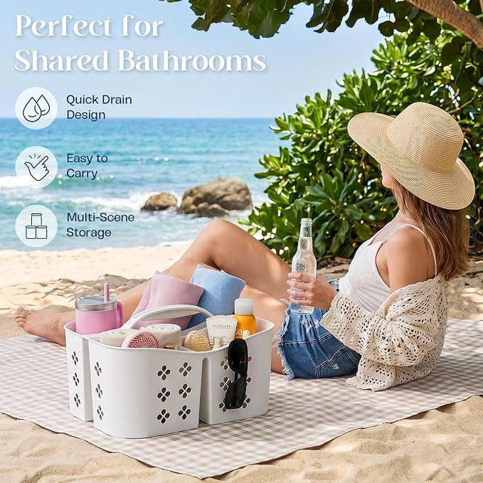 Portable Shower Caddy with Handle, Large Capacity Shower Basket Organizer, Quick-Drain Bathroom Storage Tote, Durable Plastic Shower Organizer for College Dorm, Beach, Gym, Travel Essentials, White