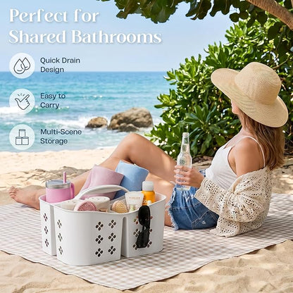 Portable Shower Caddy with Handle, Large Capacity Shower Basket Organizer, Quick-Drain Bathroom Storage Tote, Durable Plastic Shower Organizer for College Dorm, Beach, Gym, Travel Essentials, White
