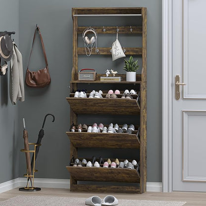 BORNOON Shoe Cabinet with 3 Flip Drawers & Coat Rack, Narrow Hidden Shoe Storage Cabinet, 2-in-1 Hall Tree Slim Freestanding Shoe Rack Organizer for Entryway, Hallway, and Living Room