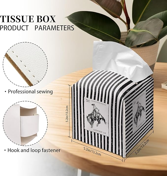Grace Yonks Retro Tissue Box Cover Square - Cowboy Postage Stamp Design 5.2" PU Leather Holder for Vanity, Desk, or Bathroom Counter - Cube Case for Facial Tissues. (114)