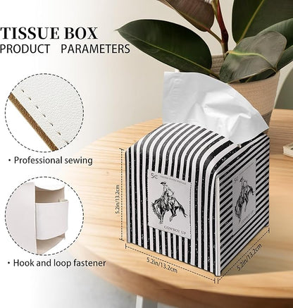 Grace Yonks Retro Tissue Box Cover Square - Cowboy Postage Stamp Design 5.2" PU Leather Holder for Vanity, Desk, or Bathroom Counter - Cube Case for Facial Tissues. (114)