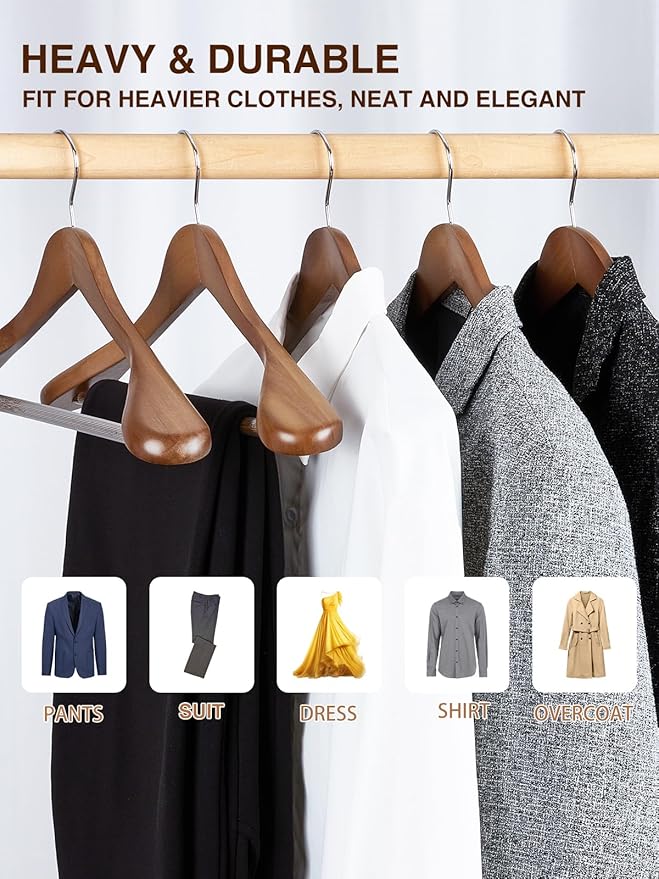 SMARTOR Wooden Suit Hangers for Men 8 Pack, Wide Shoulder Wood Suit Hangers with Non Slip Pant Bar, Wide Hanger for Suits, Coats, Jackets, Walnut