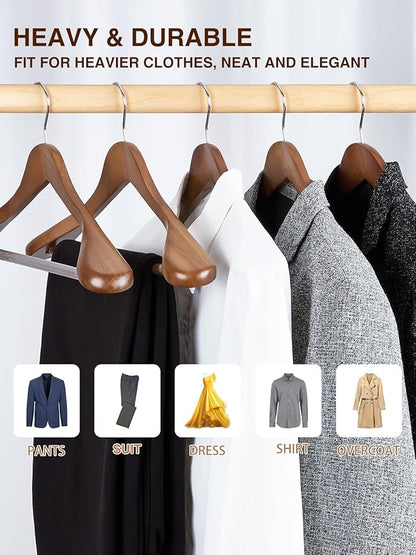 SMARTOR Wooden Suit Hangers for Men 8 Pack, Wide Shoulder Wood Suit Hangers with Non Slip Pant Bar, Wide Hanger for Suits, Coats, Jackets, Walnut