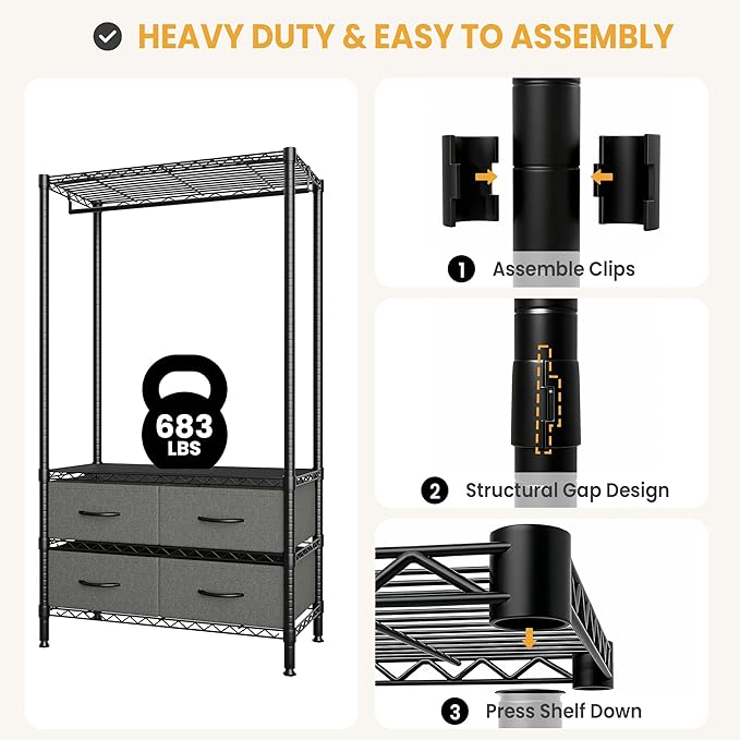 Heavy Duty Clothes Rack With 4 Fabric Drawers and Adjustable Shelves, Freestanding Clothing Rack with Hanging Rod for Hanging Clothes, 71.5" H x 35.2" W x 15.4" D