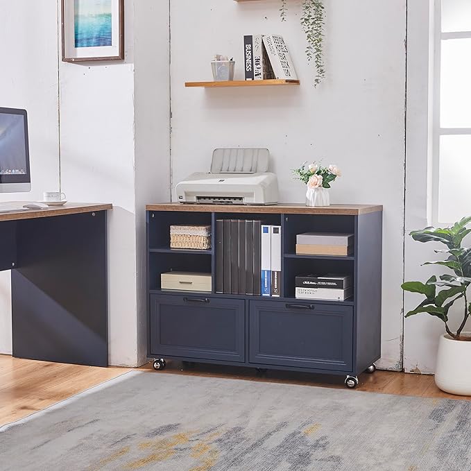 40" Farmhouse File Cabinet,Lateral File Cabinet with Wheels,Wood File Cabinet with shelve,Filing Cabinet with 2 Drawers for Legal/Letter/ A4 Size (Blue)