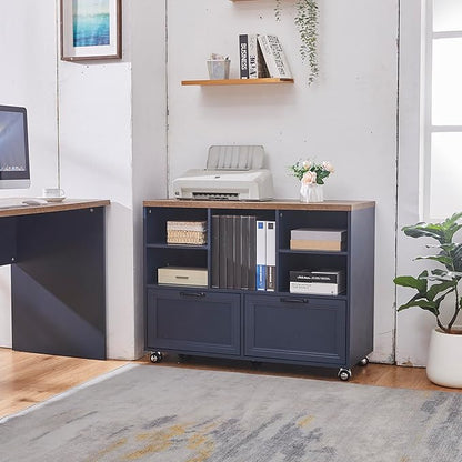 40" Farmhouse File Cabinet,Lateral File Cabinet with Wheels,Wood File Cabinet with shelve,Filing Cabinet with 2 Drawers for Legal/Letter/ A4 Size (Blue)