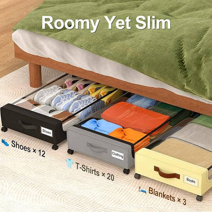 GoMaihe Under Bed Storage with Wheels:48L Underbed Storage Containers with Lids - Rolling Bins for Shoes Clothes in Dorm Bedroom - Metal Drawers Easy Pull-out Beige 4-Pack