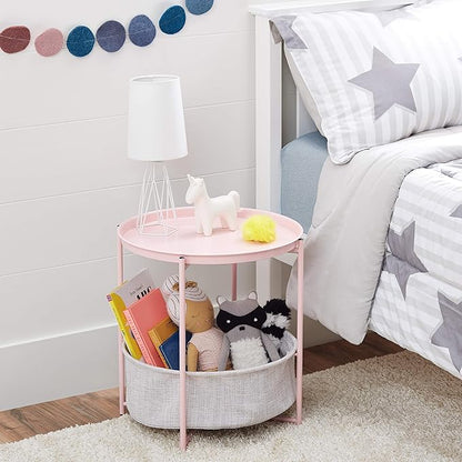 Amazon Basics Round End Table, Dusty Pink, 17.7"D x 17.7"W x 18.9"H | Side Table, with Cloth Basket, Storage