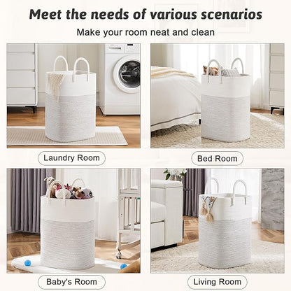 Laundry Basket,Woven Cotton Rope Laundry Hamper,Versatile Storage for Dirty Clothes,Baby Toys,and Blankets in Bathroom, Nursery,and Living Room (White, 60L)