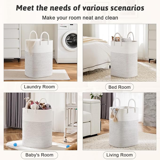 Laundry Basket,Woven Cotton Rope Laundry Hamper,Versatile Storage for Dirty Clothes,Baby Toys,and Blankets in Bathroom, Nursery,and Living Room (White, 60L)