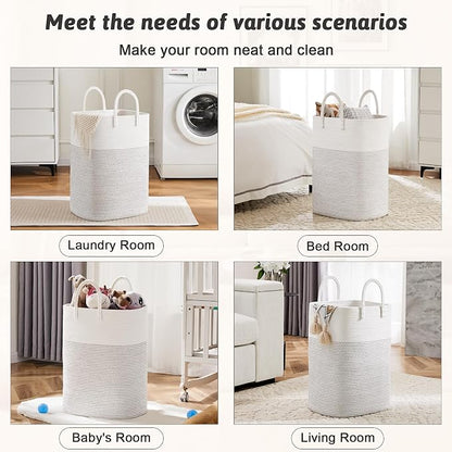 Laundry Basket,Woven Cotton Rope Laundry Hamper,Versatile Storage for Dirty Clothes,Baby Toys,and Blankets in Bathroom, Nursery,and Living Room (White, 60L)
