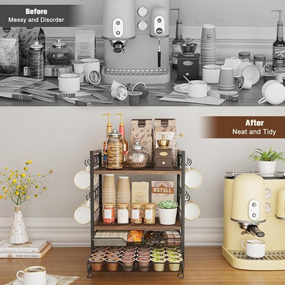 Coffee Bar Organizer, 4 Tier Coffee Station Organizer for Countertop, 30 K Cup Pod Drawer, Mug Cup Holder Stand With 12 Hooks, Multifunctional K Pods Shelf Storage Holder Drawer
