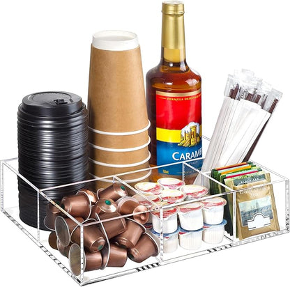 BEYGORM Acrylic Coffee Bar Station Organizer for Countertop,Office Breakroom Clear Snack Tea Storage Accessories Holder for Kcup Pod Condiment Cup Sugar Creamer Syrup, Gift for Coffee Lovers