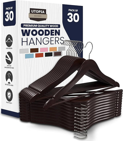 Utopia Home Premium Wooden Hangers 30 Pack - Durable & Slim Coat Hanger - Suit Hanger with 360-Degree Rotatable Hook - Wood Hangers with Shoulder Grooves (Brown Color)