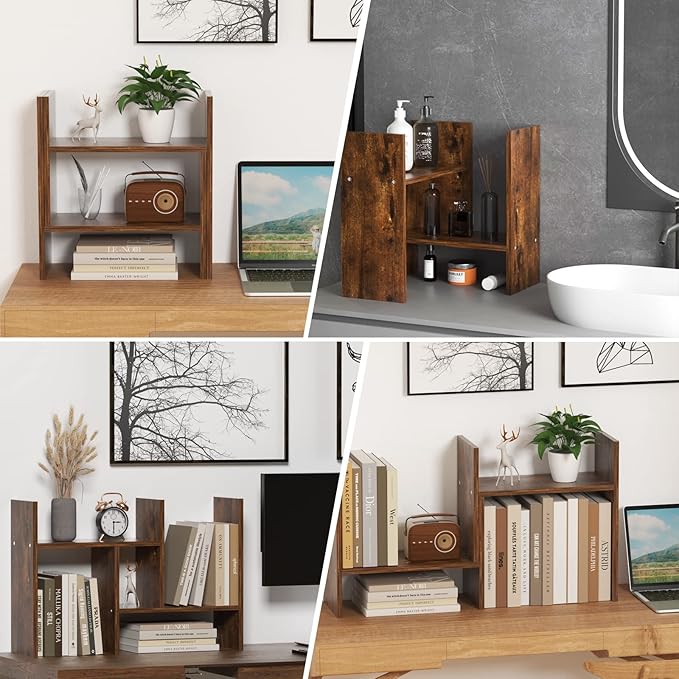 TY ARTS & CULTURE - Expandable Wood Desktop Storage Organizer Multipurpose Desk Bookshelf Display Shelf Rack Counter Top Bookcase for Office Home | Natural Brown