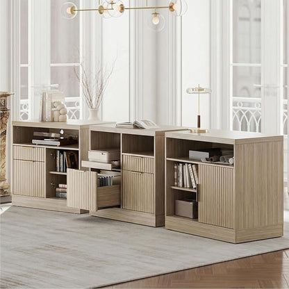 3 Drawer File Cabinet, Fluted Filing Cabinet for Home Office with Charging Station, Wooden Office Cabinet Fits for A4/Letter-Sized Files, Printer Stand with Storage Shelves, Light Oak
