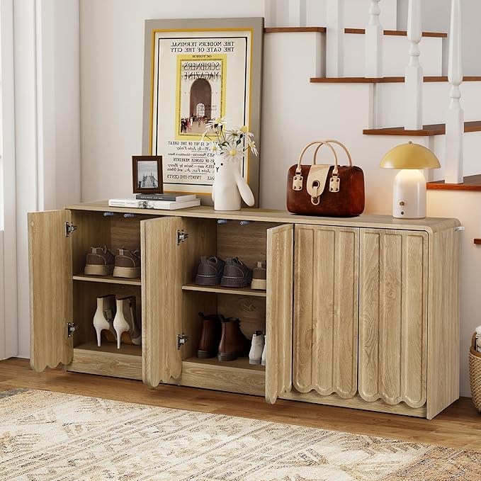 ORRD Sideboard Buffet Cabinet with Storage, Low Storage Cabinet Modern Wooden Accent Credenza Console Table TV Stand with 6 Wave Panel Doors for Kitchen Dining Living Room Entryway, Natural