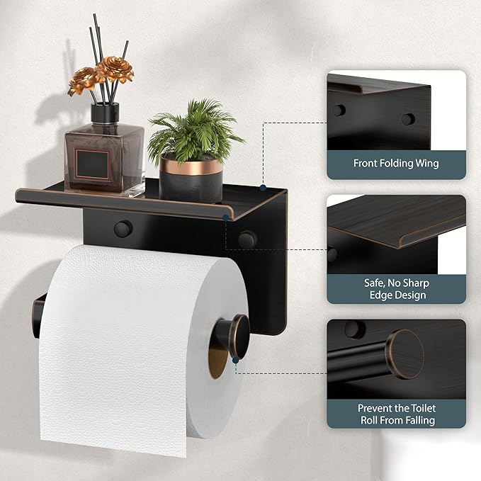 FORIOUS Toilet Paper Holder with Shelf, Adhesive or Screw Wall Mount Toilet Paper Roll Holder for Bathroom, SUS 304 Stainless Steel Commercial Toilet Tissue Holder Dispenser, Oil Rubbed Bronze