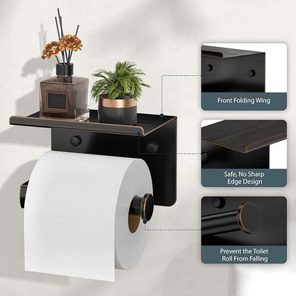 FORIOUS Toilet Paper Holder with Shelf, Adhesive or Screw Wall Mount Toilet Paper Roll Holder for Bathroom, SUS 304 Stainless Steel Commercial Toilet Tissue Holder Dispenser, Oil Rubbed Bronze