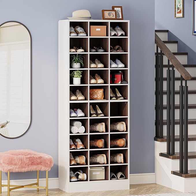 Tribesigns 10-Tier Shoe Storage Cabinet Set of 2, White and Brown Wooden Shoe Rack with 30 Cubbies, Freestanding Tall Entryway Shoe Organizer for Closet, Entryway, Living Room