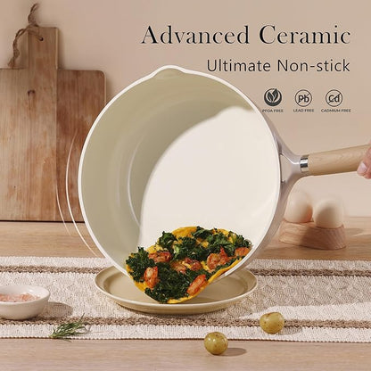CAROTE Ceramic Nonstick Frying Pan Skillet with Lid, 10" Deep Frying Pan, 4 QT Saute Pan wilt Lid, Non Stick Chef's Pan, Non-toxic Healthy, PFOA/PFAS Free, Induction-Compatible, Taupe