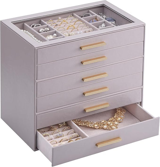 Lolalet Jewelry Box Organizer, 6-Layer Jewelry Organizers and Storage Case with Glass Lid, Ring Earring Bracelet Necklace Holder Organizer, Birthday Valentine Gifts for Women Girls -6Layer, HazePurple