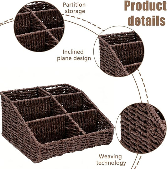Makeup Organizer, Hand-woven Wicker Basket for Dresser Vanity and Bathroom Countertop, 6 Compartment Skincare Organizer Cosmetic Display Case, Beauty Holder for Lipstick Brush Eyeshadow - Brown