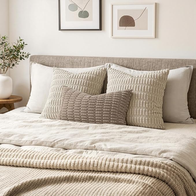 MIULEE Pack of 2 Corduroy Decorative Lumbar Throw Pillow Covers 20x12 Inch Soft Boho Striped Pillow Covers Modern Farmhouse Home Decor for Sofa Living Room Couch Bed Light Brown