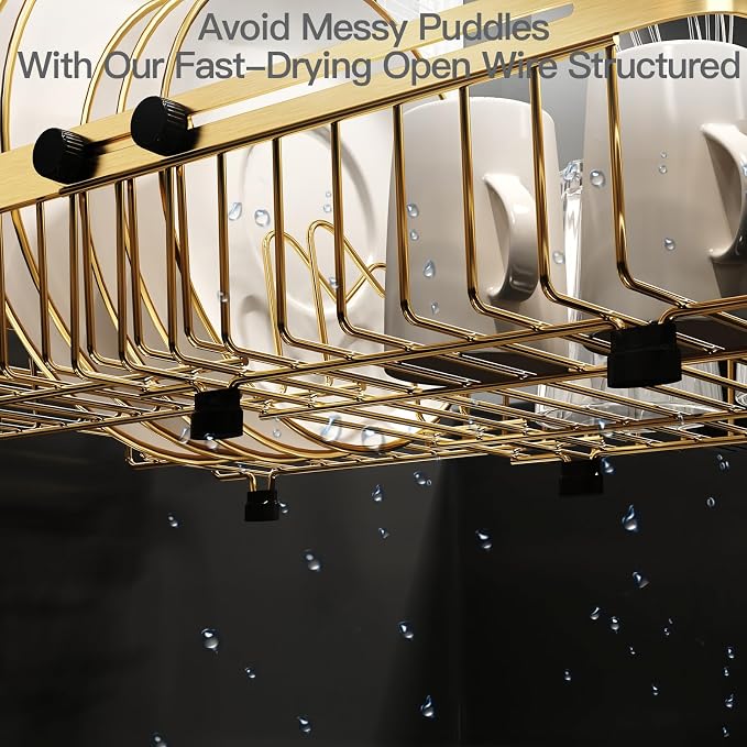 MAJALiS Gold Dish Drying Rack Over The Sink, Expandable Stainless Steel Dish Drainer for Small Kitchen Counter Space Saving, RV Compact Plate Strainer in Metal with Hanging Adjustable Utensil Holder