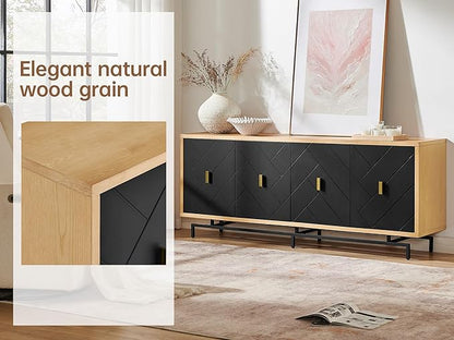Morden Fort 74'' Modern Diamond-Cut Sideboard Buffet Cabinet | Sculptural Geometric Credenza with 150 LBS Heavy-Duty Storage | Natural Wood Look Console for Dining Room & Living Room.